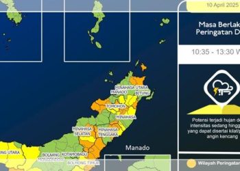 Prakiraan Cuaca Sulawesi Utara, 13 April 2026: 9 Wilayah Berpotensi Hujan