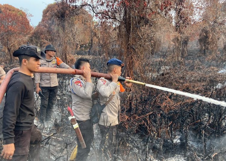 Hari Ke-15 Karhutla Resun Pesisir, Tim Gabungan dan Brimob Berjibaku Padamkan Api Lahan Gambut 28 Hektare